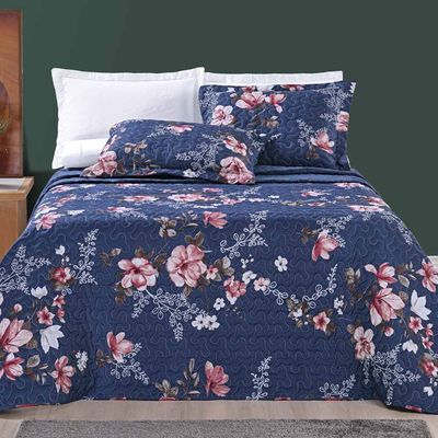 Kit Cobre Leito Colcha Celi Casal Padrão Dupla Face Micropercal 200 Fios 3 Peças - Azul Marinho Floral
