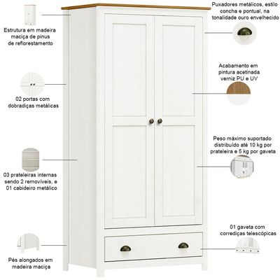 Guarda Roupa Solteiro 2 Portas 1 Gaveta Madeira Maciça Mazzaro F06 Branco Freijó - Lyam Decor