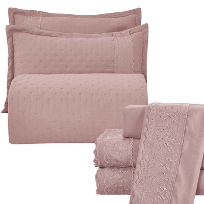 Kit Cobre Leito e Lençol Casal Melody Dupla Face 7 Peças - Rosê - 100% Poliéster