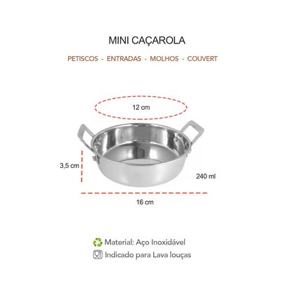 Caçarola Mini Panela Couvert Inox Entrada Petisco Molho 4un