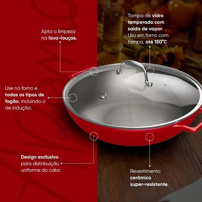Panela Wok de Ferro Fundido Esmaltado Oxford Aroma Vermelha 35cm para Indução