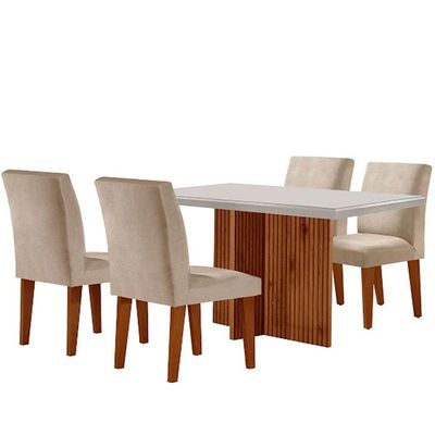 Sala De Jantar Mesa Olimpia Vidro Canto Reto Com 4 Cadeiras Creme/off White/imbuia Ripado