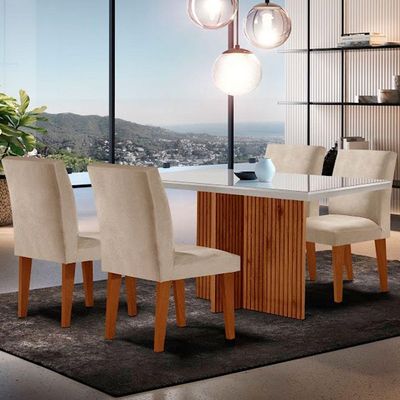 Sala De Jantar Mesa Olimpia Vidro Canto Reto Com 4 Cadeiras Creme/off White/imbuia Ripado