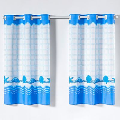 Cortina Gourmet Varão Cozinha Tecido Oxford 2,00m X 1,30m - Conchas Praia Azul
