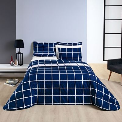 Kit Cobre Leito Brooklyn Solteiro Quadriculado Micropercal 200 Fios 2 Peças - Azul Marinho