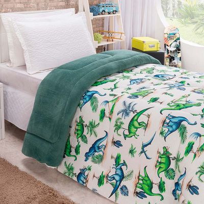 Edredom Diverkids Solteiro Infantil Malha Estampada 1 Peça - Dinossauro Verde
