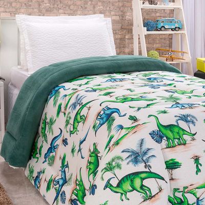 Edredom Diverkids Solteiro Infantil Malha Estampada 1 Peça - Dinossauro Verde