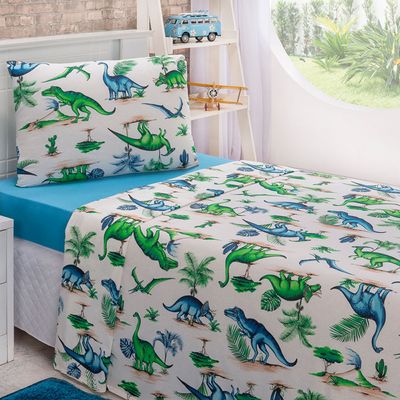 Jogo Cama Lençol Diverkids Solteiro Infantil Malha Soft 100% Algodão 3 Peças - Dinossauro Verde Azul