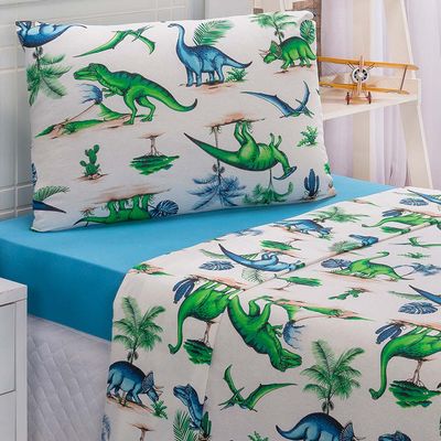 Jogo Cama Lençol Diverkids Solteiro Infantil Malha Soft 100% Algodão 3 Peças - Dinossauro Verde Azul