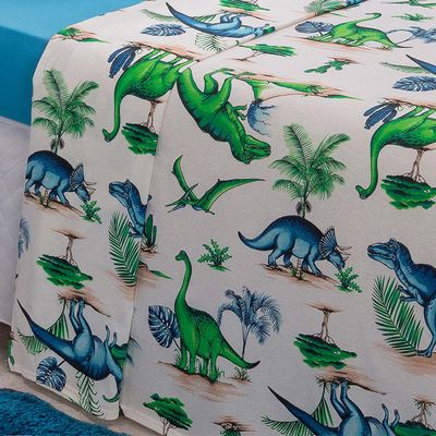 Jogo Cama Lençol Diverkids Solteiro Infantil Malha Soft 100% Algodão 3 Peças - Dinossauro Verde Azul