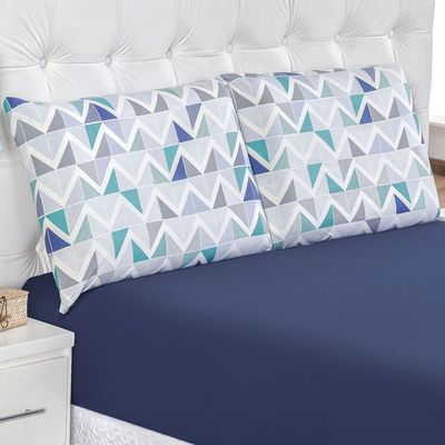 Jogo de Cama Lençol Siena King Malha Estampada 100% Algodão 3 Peças - Azul Geométrico