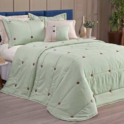 Kit Cobre Leito Colcha Queen Button 200 Fios Bordado 7 Peças - Verde