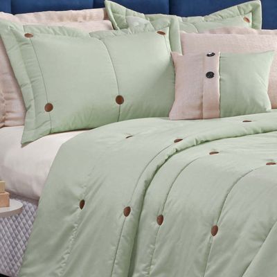 Kit Cobre Leito Colcha Queen Button 200 Fios Bordado 7 Peças - Verde