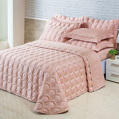 Kit Cobre Leito Colcha Garland Queen 100% Algodão 400 Fios Acetinado Bordado 5 Peças - Rosê e Fendi