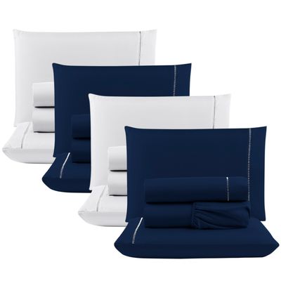 Kit c/ 4 Jogos Cama Lençol Unique Casal Padrão Micro Percal 400 Fios Ponto Palito 4 Peças - Azul Marinho + Branco