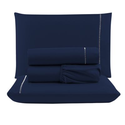 Kit c/ 4 Jogos Cama Lençol Unique Casal Padrão Micro Percal 400 Fios Ponto Palito 4 Peças - Azul Marinho + Branco