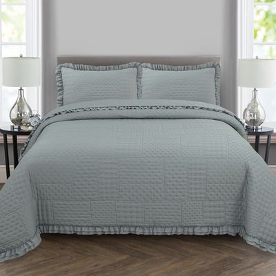Kit Cobre Leito Colcha Maison Queen c/ Babado Percal 300 Fios 3 Peças - Cinza