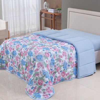 Edredom Cobertor Sonnet Solteiro Malha Estampada Dupla Face 100% Algodão - Floral - Azul Turquesa