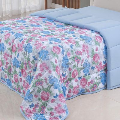 Edredom Cobertor Sonnet Solteiro Malha Estampada Dupla Face 100% Algodão - Floral - Azul Turquesa