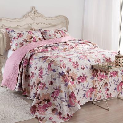 Kit Cobre Leito Colcha Casa Scarpa Mix Queen Estampado Dupla Face Floral 3 Peças - Damares
