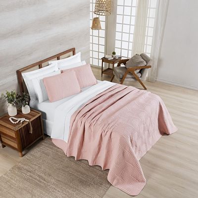 Kit Cobre Leito Colcha Arcos King Dupla Face Matelado 200 Fios 3 Peças Rosa