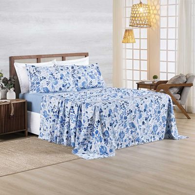Jogo Cama Lençol Belle Queen 400 Fios Estampado 4 Peças Florido Azul