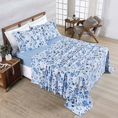 Jogo Cama Lençol Belle Queen 400 Fios Estampado 4 Peças Florido Azul