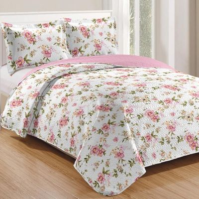 Kit Cobre Leito Colcha Casa Scarpa Mix Queen Estampado Dupla Face Floral 3 Peças - Nádia