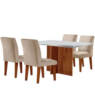 Sala De Jantar Mesa Olimpia Canto Reto Com 4 Cadeiras Grecia Creme/off White/imbuia Ripado