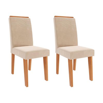 Conjunto de Mesa Retangular com Tampo de Vidro Off White Julieta e 6 Cadeiras Tais e Maia Suede Bege e Amadeirado