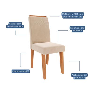 Conjunto de Mesa Retangular com Tampo de Vidro Off White Agata e 6 Cadeiras Tais e Maia Suede Bege e Amadeirado