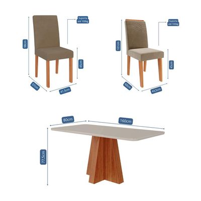 Conjunto de Mesa Retangular com Tampo de Vidro Off White Maitê e 6 Cadeiras Tais e Maia Suede Joli e Amadeirado