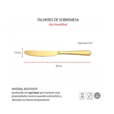 Faca de Sobremesa Dourado Ouro Talheres Inox Buffet Jogo 6un