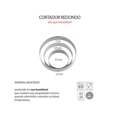 Cortador de Bolo Redondo Forminha Corte Molde Aço Inox 3un