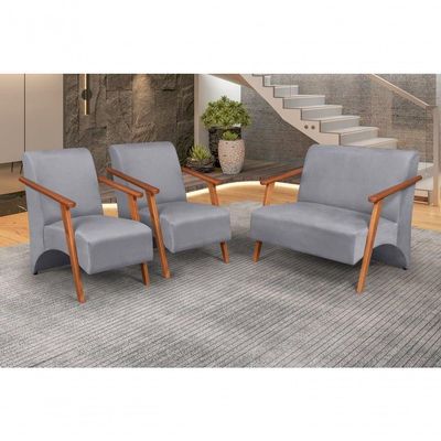 Conjunto Venus Braços Em Madeira Maciça 1 Namoradeira 2 Poltronas Suede Unidecor Grafite