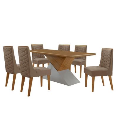 Mesa Sala De Jantar Aster 180cm E 6 Cadeiras Safira Moderna Veludo Capuccino Off White Imbuia