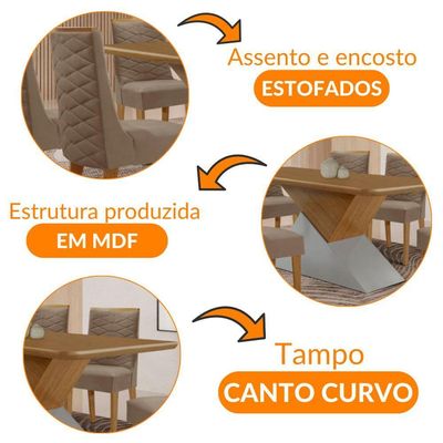 Mesa Sala De Jantar Aster 180cm E 6 Cadeiras Safira Moderna Veludo Capuccino Off White Imbuia