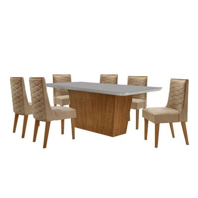 Mesa Sala De Jantar Aida 180cm E 6 Cadeiras Safira Moderna Veludo Capuccino Off White Imbuia