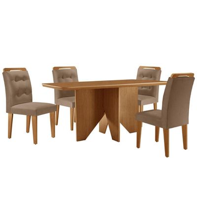 Mesa Evora 120 Mdf Canto Copo E Com 4 Cadeiras Carol Veludo Capuccino Naturalle