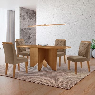 Mesa Evora 120 Mdf Canto Copo E Com 4 Cadeiras Melissa Veludo Capuccino Naturalle