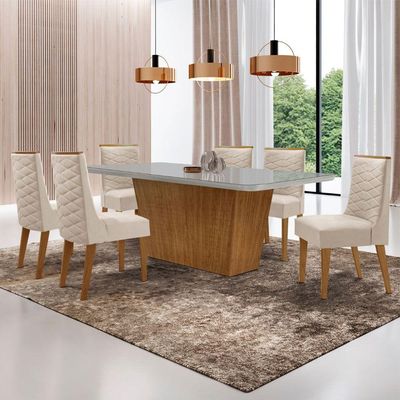 Mesa Para Sala De Jantar Aida Com 6 Cadeiras Safira Moderna Veludo Creme/off White/imbuia