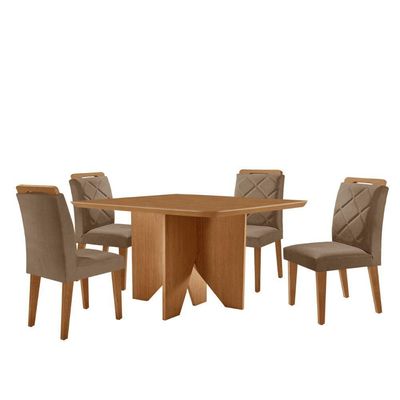 Mesa Evora 90 Mdf Canto Copo E Com 4 Cadeiras Melissa Veludo Capuccino Naturalle