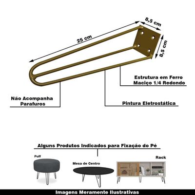 Kit 4 Pés de Metal 25 CM Hairpin Legs Rack e Puffs Dourado