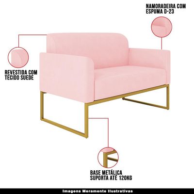 Poltrona Namoradeira Decorativa Isabella Base Industrial Suede Rosa Bebê/Dourado - Gran Belo