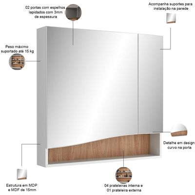 Conjunto Banheiro Gabinete Com Pés e Armário Com Espelho 80cm Evie B06 Branco Tau - Lyam Decor