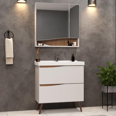 Conjunto Banheiro Gabinete Com Pés e Armário Com Espelho 80cm Evie B06 Branco Tau - Lyam Decor