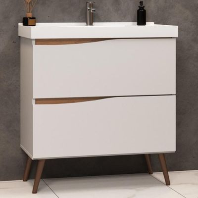 Conjunto Banheiro Gabinete Com Pés Lavatório 80cm e Armário Evie B06 Branco Tau - Lyam Decor