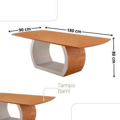 Mesa Zeus 180cm Tampo Laminado Canto Barril Com 6 Cadeiras Linho Palha Imbuia Natural