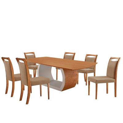 Mesa Zeus 180cm Tampo Laminado Canto Barril Com 6 Cadeiras Linho Palha Imbuia Natural
