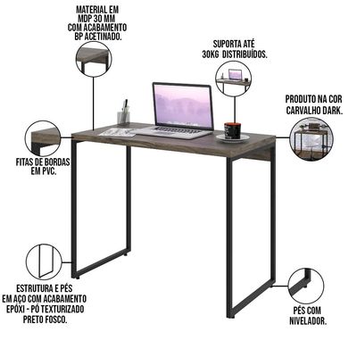 Mesa Para Escritório e Home Office Industrial Aspen 90 cm C01 Carvalho Dark - Lyam Decor